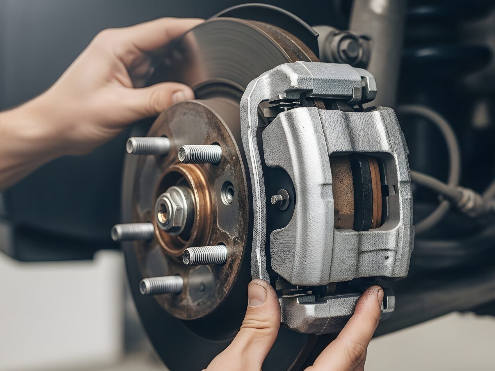 Mechanic inspecting car brake caliper and rotor during maintenance service in auto repair shop garage Caliper & Hardware Service